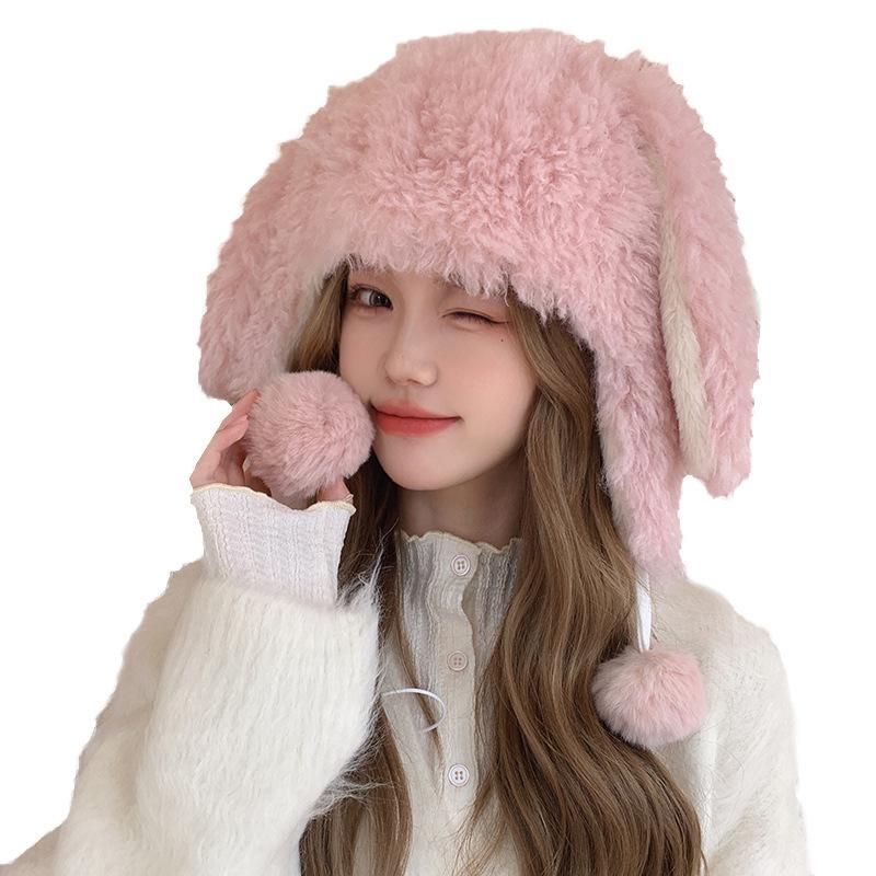 Зимняя утолщенная белая плюшевая шапка с мультяшными кроличьими ушками, женская, для уменьшения возраста, милая и симпатичная, с защитой ушей, теплая шапка-пуловер