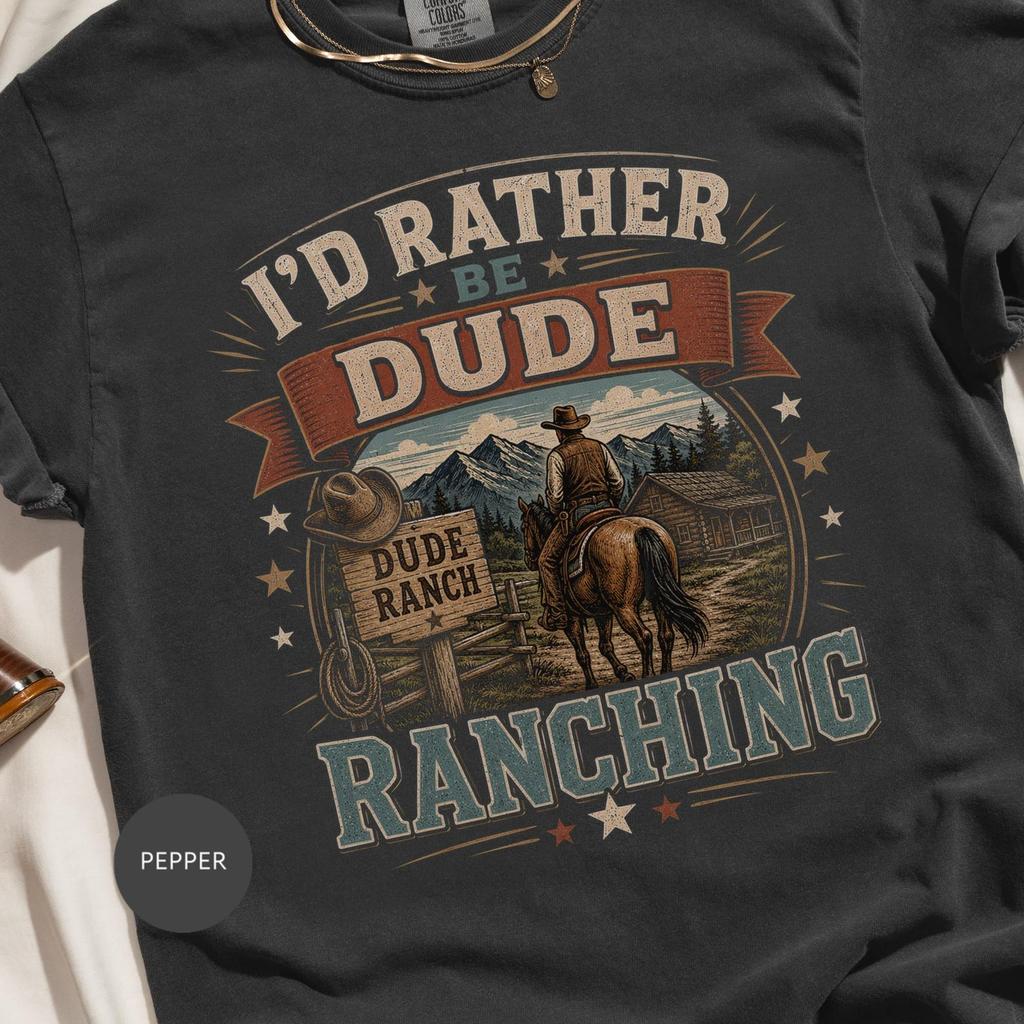 I'd Rather Be Dude Ranching T-Shirt, Cowboy Life Tee, Western Style Shirt, Rustic Rancher Mountains Horse Graphic, Adventure Countrycore
