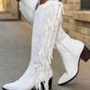 White Cowgirl Boots, White Alligator Pattern Fringed Boots, European and American Pointed Thick Heel Knight Boots, Large Size Fringed Boots, Women's