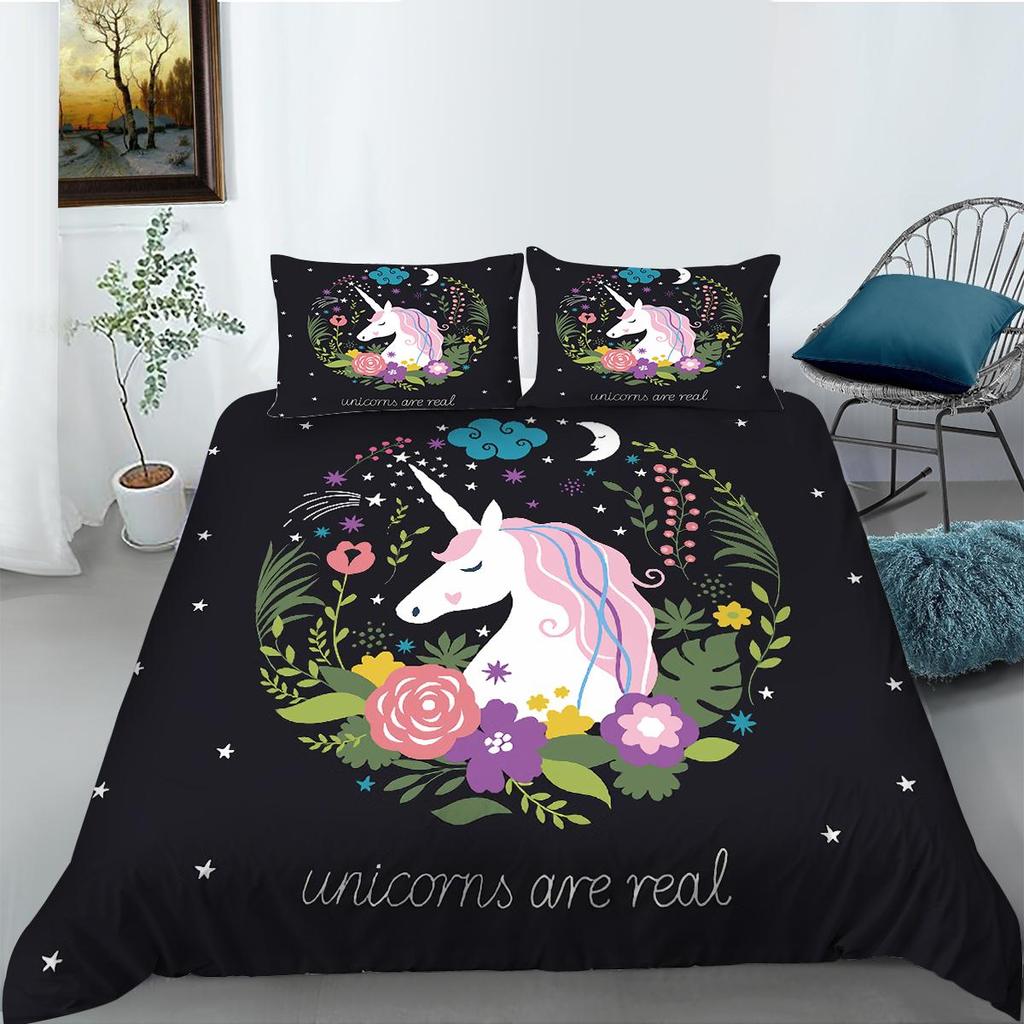 3D Unicorn Theme Bedding Set Cartoon Animal Duvet Cover and Pillow Case 2/3 Pieces Soft Home Decoration for Girls' Room