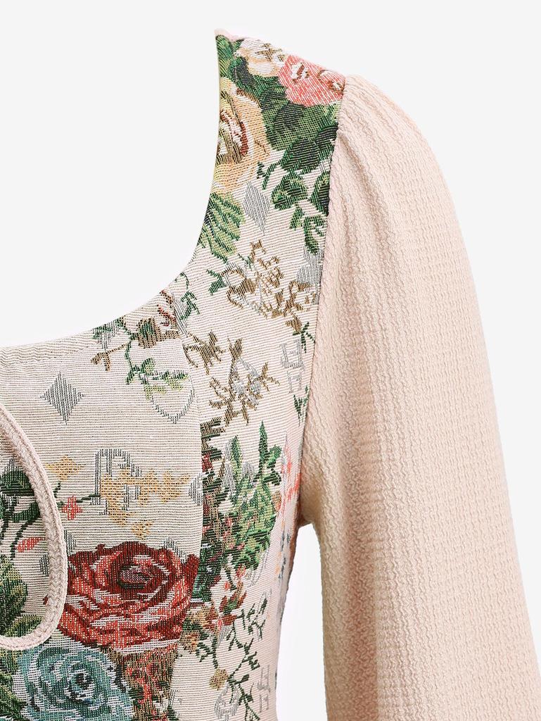 Rosegal Плюс Размер Шнуровка Вставки Роза Вышивка Цветок Плиссированное Винтажное Платье Рукав Поэт