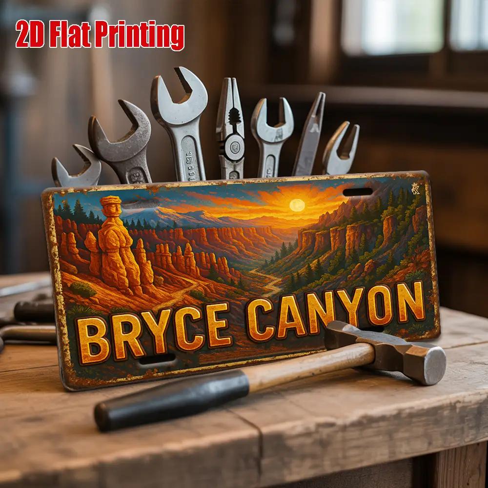 HD Aluminum Print Vintage Bryce Canyon National Park Sunset Hoodoo Landscape License Plate Style Wall Art High Definition Bend