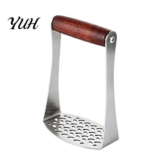 Ergonomic Wood Handle Masher Stainless Steel Potato Masher, Wooden Food Press for Baby Professional Cooking Puree, Manual Crusher, Kitchen Gadget