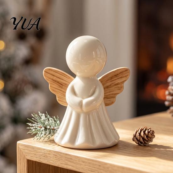 Healing Angel Sculptures for Office Minimalist Figurine with Wood Texture Wings, Compact Statue, Home Accessories Decorative White Sculpture