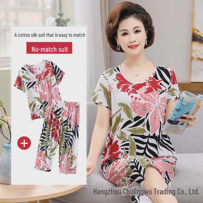 Женский летний пижамный комплект из хлопкового шелка - комплект из двух предметов с короткими рукавами для матерей среднего и пожилого возраста, подходит для ношения в помещении и на улице