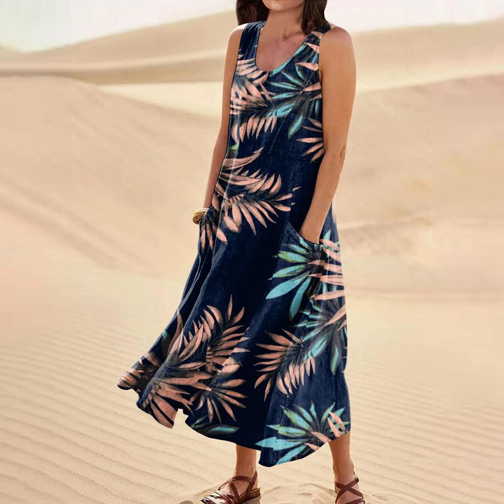 Женское летнее свободное свободное платье с круглым вырезом и цветочным принтом без рукавов, большое свободное платье с карманами
