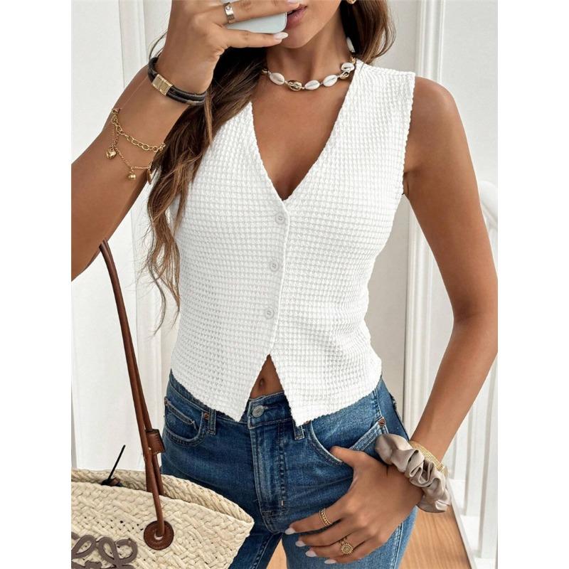 Женская повседневная простая универсальная футболка с V-образным вырезом и тремя пуговицами