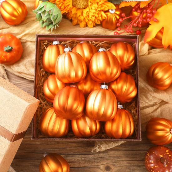 12Pcs Fall Mini Pumpkin Balls Hanging Thanksgiving Pumpkin Ornament Halloween Christmas Tree Decoration Farmhouse Home Party Decor