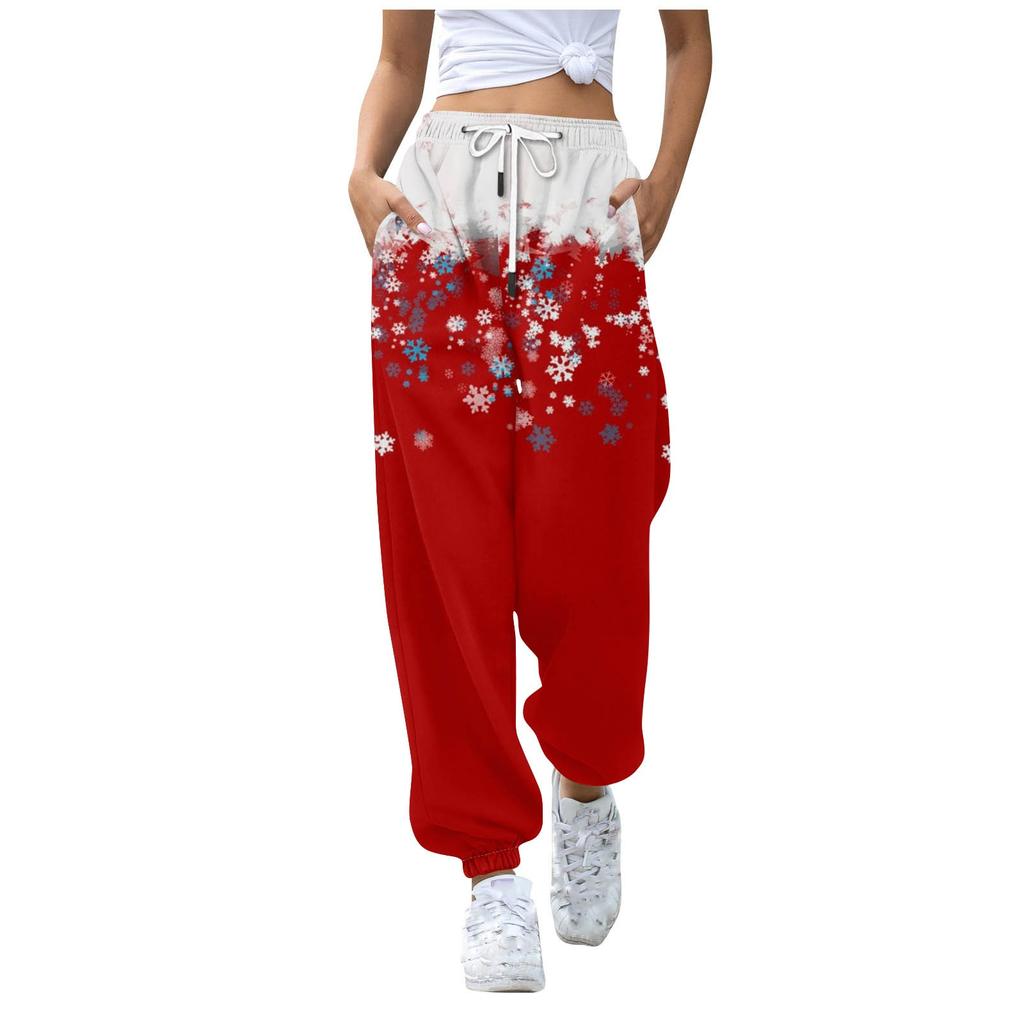 Женские повседневные брюки для отдыха с рождественским принтом, спортивные брюки, брюки с эластичной резинкой на талии, брюки с завязками на шнурке