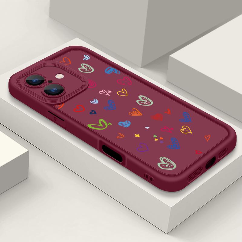 Cartoon Love Hearts Pattern Shockproof Phone Case for iPhone 16 15 14 Plus 13 12 11 Pro Max Xs Xr 8 7 Matte Tpu Soft Lens Protection Anti-Fall Cover