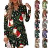 Женское рождественское платье с принтом, свободное, с V-образным вырезом, повседневное платье с длинными рукавами