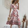 Женское платье миди с V-образным вырезом и короткими рукавами-фонариками в тон с цветочным принтом, с высокой узкой талией, трапециевидной формы, с большими качелями, для отпуска, выпускного вечера, летнего платья миди