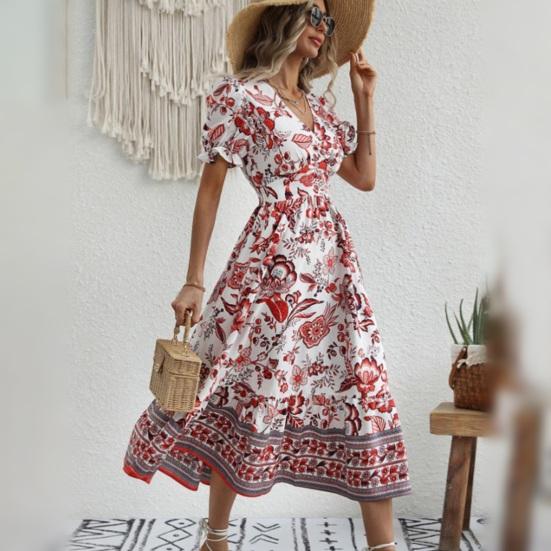 Женское платье миди с V-образным вырезом и короткими рукавами-фонариками в тон с цветочным принтом, с высокой узкой талией, трапециевидной формы, с большими качелями, для отпуска, выпускного вечера, летнего платья миди