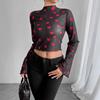 Spring Summer Ladies Mesh Printed Round Neck Flared Sleeve Long Sleeve T-Shirt