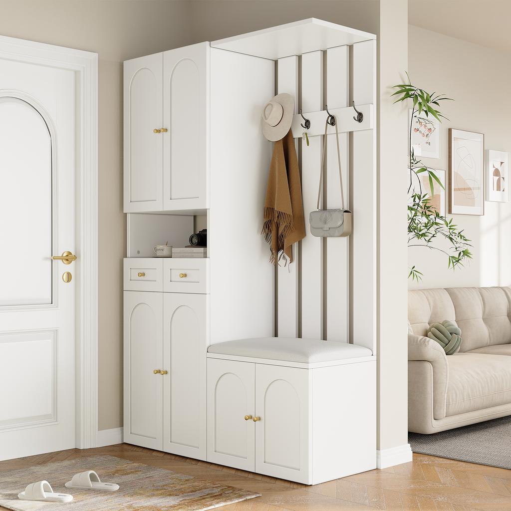 Wardrobe Set, Wall Wardrobe; Wardrobe Set with Shoe Bench and Shoe Cabinet, 4 Hooks, 6 Doors, 2 Drawers, White Hallway Furniture (W110×H180×D37cm)