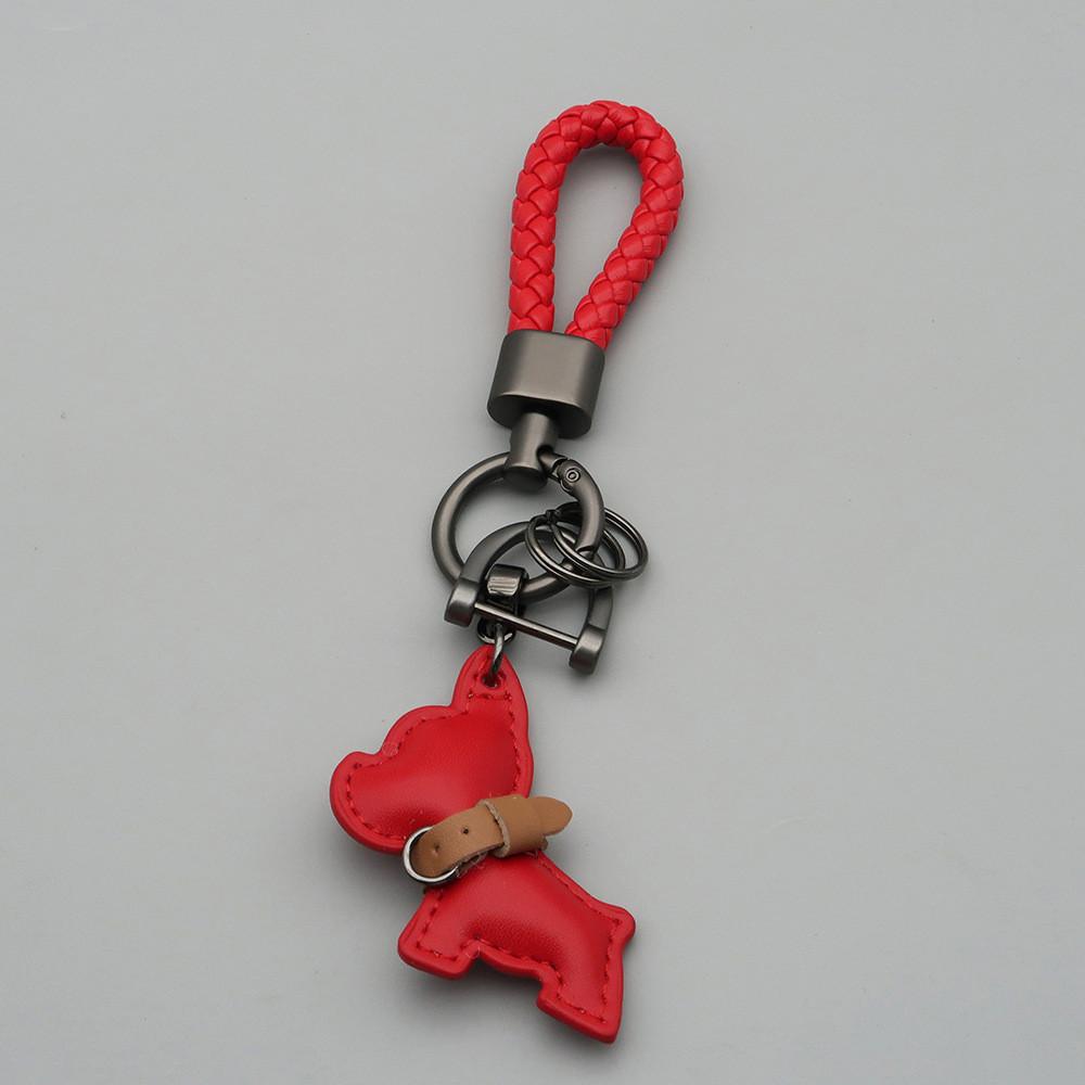1PC Mini French Bulldog Keychain - Leather & Braided Rope Anti-lost Puppy Pendant, Cute Auto Car Key Accessory