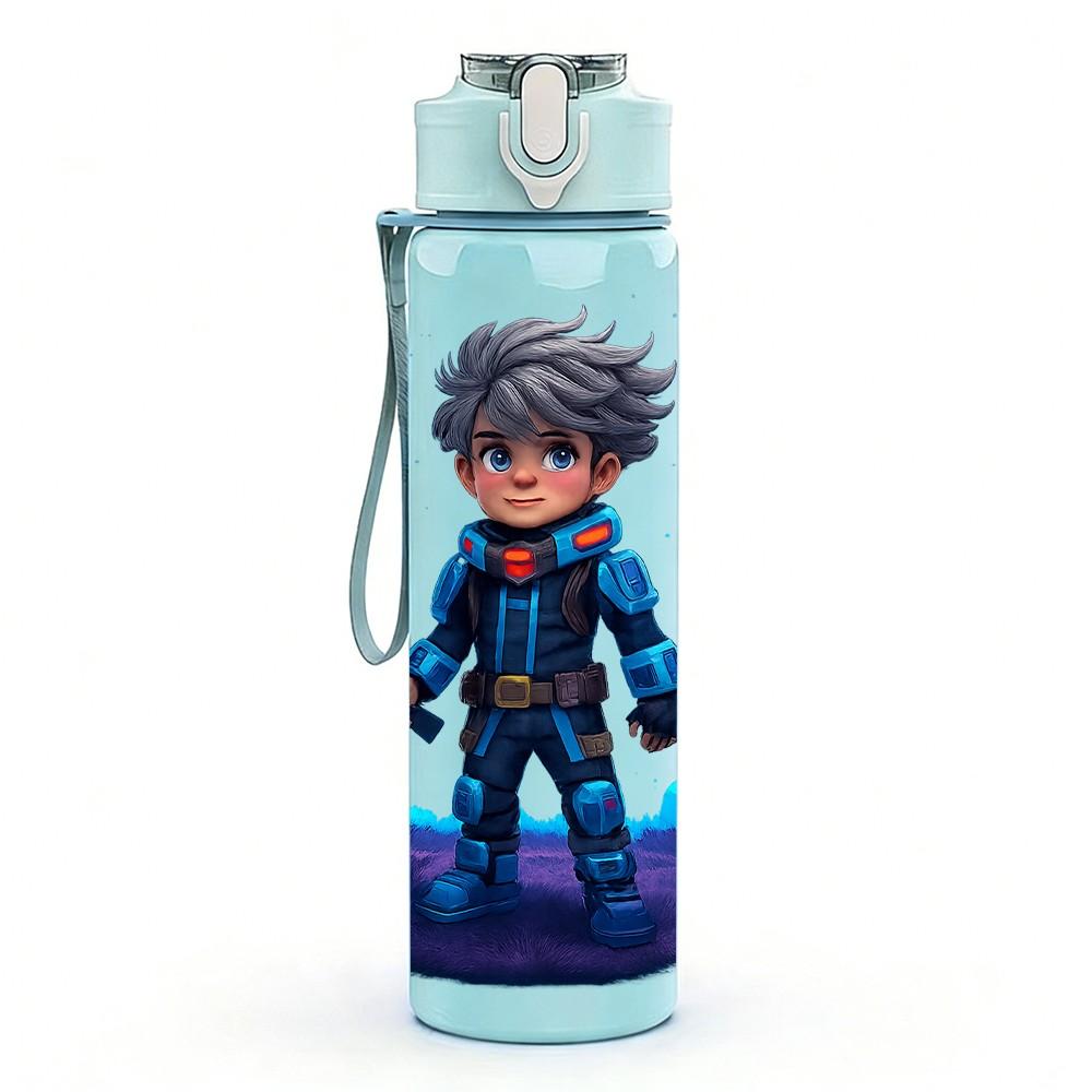 1PC Cyber Boy Warrior Character Pattern 750ml Color Plastic Sports Water Bottle Leakproof Flip Straw Lid Suitable for Sports Office Home Use