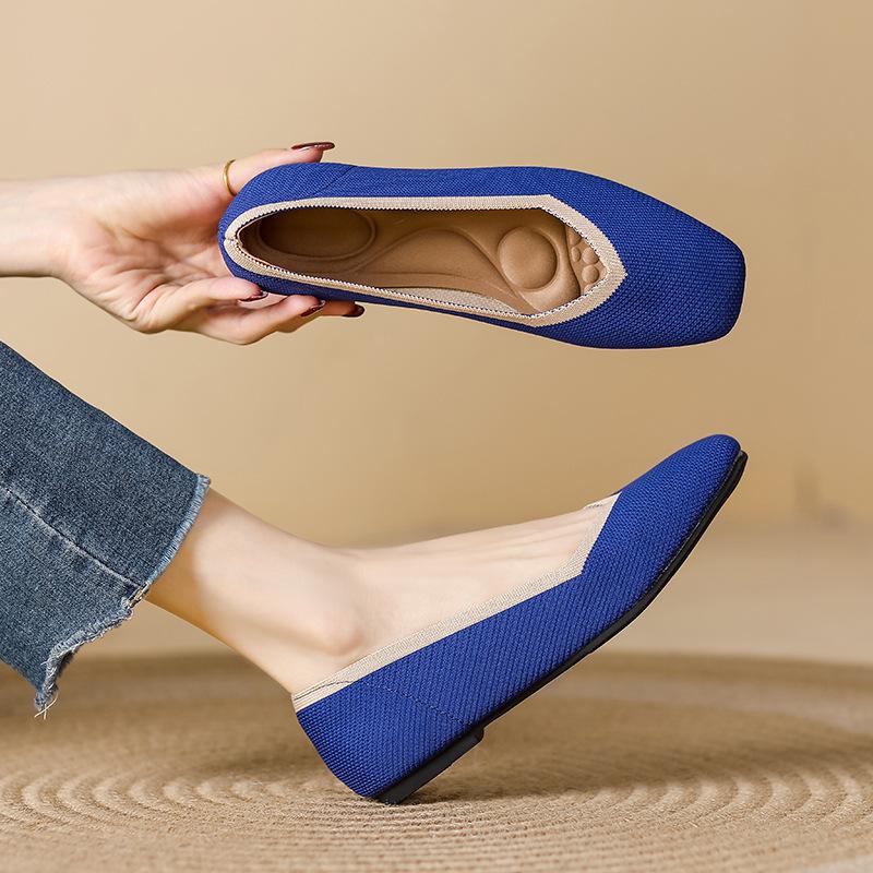 Women's Casual Flats Comfortable Walking Flat Shoes Square Toe Ballet Flats Non-Slip Knitted Work Loafers Shoes Lightweight Dress Shoes for Women