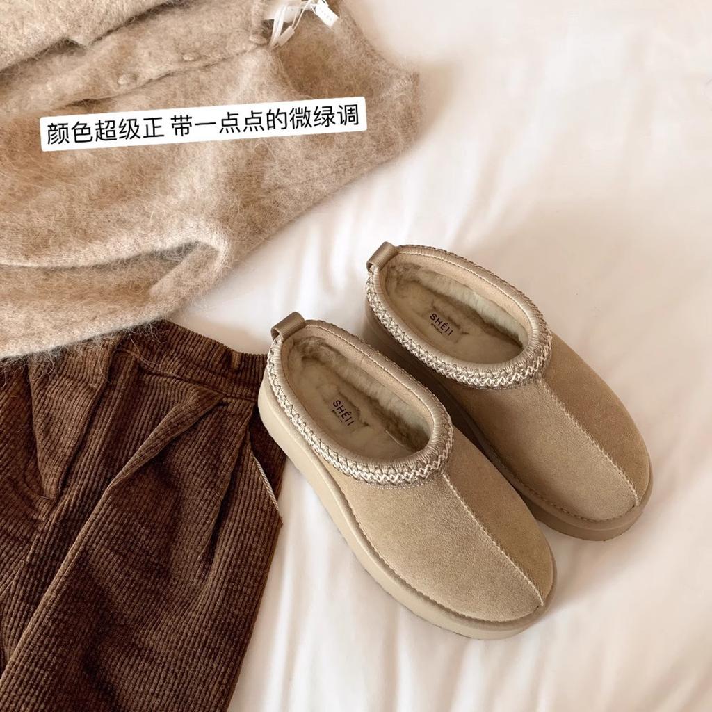 Этнический стиль толстоподошвочные пушистые тапочки женские 2025 новые мех интегрированный ленивый мешок голова полу-носок Tats угги