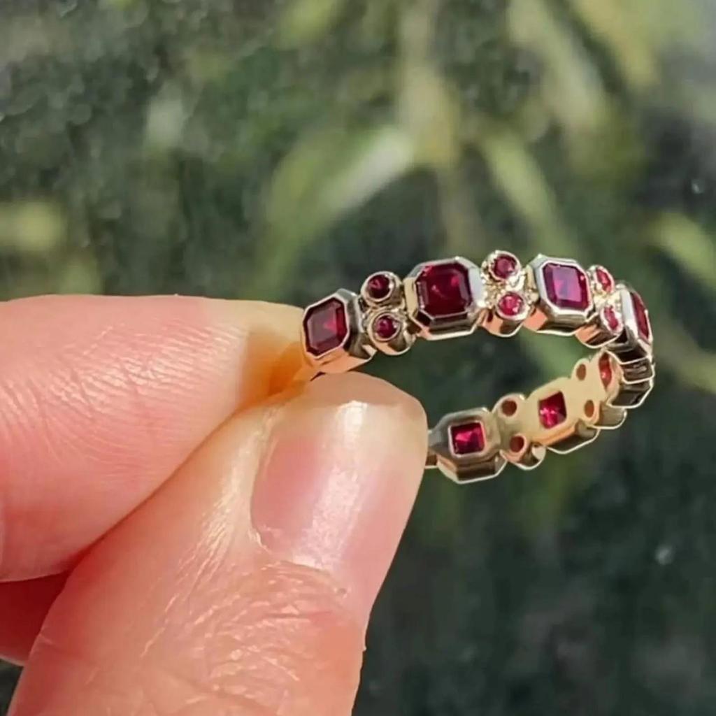 Princess and Round Cut Lab Ruby Half Eternity Ring: Rose Gold Plated Bridal Band: Art Deco Wedding Jewelry Gift for Women