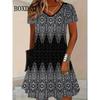 Женское летнее ретро платье с коротким рукавом, повседневное, с V-образным вырезом, 3D винтажное платье с цветочным принтом, модное, элегантное, элегантное, свободное платье миди