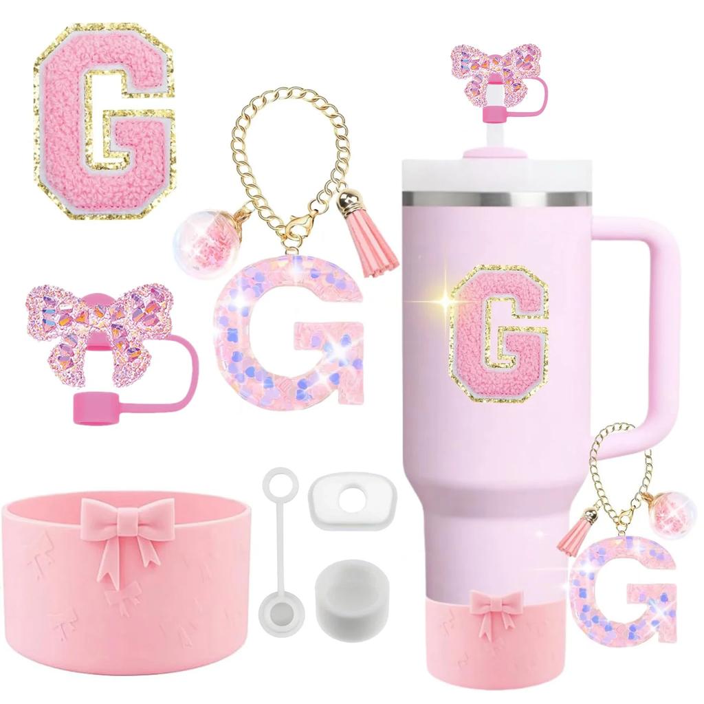 7PCS Pink Accessories for Stanley Cup 30/40 Oz Tumbler with Handle Bow Straw Topper Cover Cap Boot Initials Charm Letter Sticker