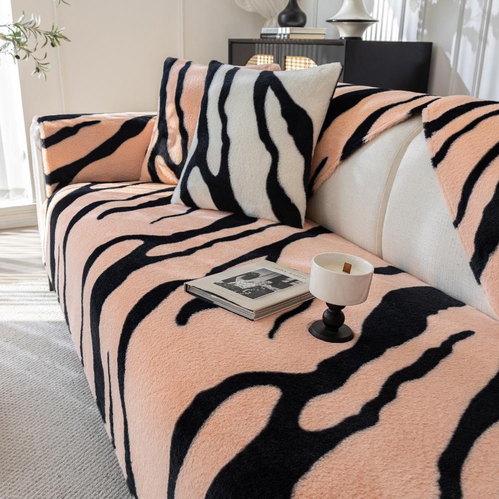 Bunny Cashmere Zebra Pattern Sofa Cushion Autumn and Winter Light Luxury Leather Sofa Cushion Non-Slip New Winter Plush Sofa Cover Cloth