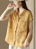 Women Ramie Vintage Shirts Tops Turn-down Collar Solid Color Blouses Summer Patchwork Pockets Shirts