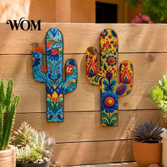 Bohemian Wooden Hanging Ornaments 2Pcs Cactus Wall Decor, Western Home Farmhouse Mexican Boho Door Decor Art for Living Room Bedroom Kitchen