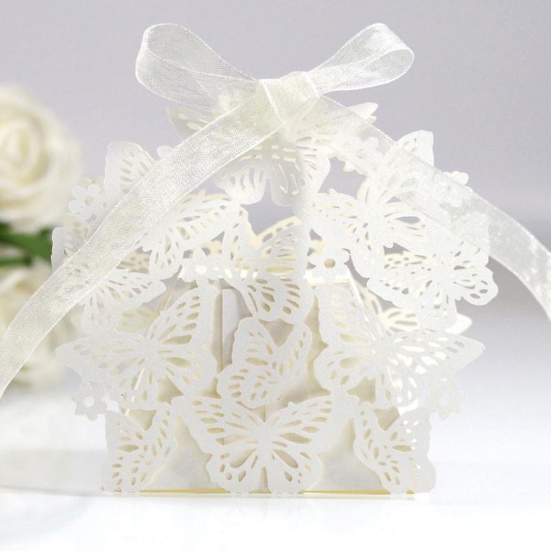 50 шт., полая коробка для свадебных конфет с бабочкой и лентой, упаковочная коробка для детского душа, украшение для свадебной вечеринки