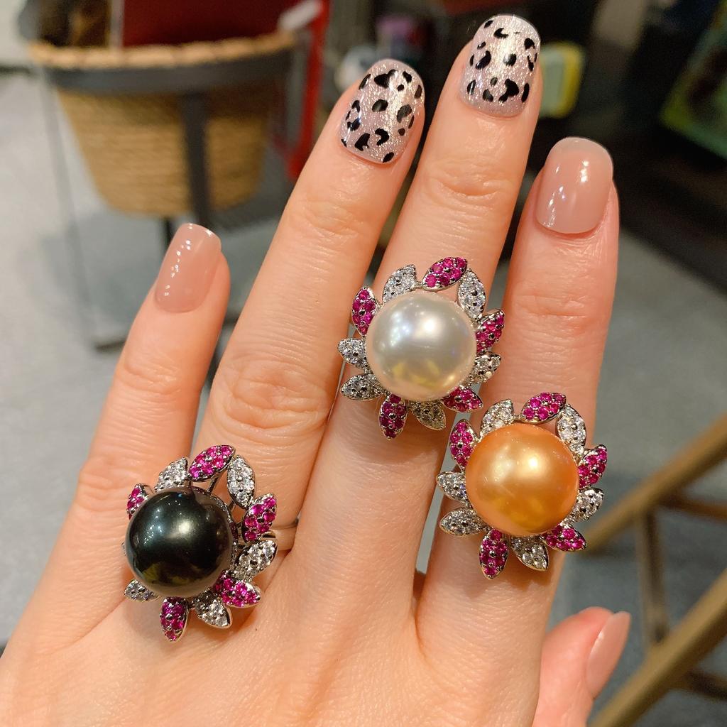 Австралийский жемчуг Fritillary, слегка украшенный красными бриллиантами, модное кольцо, регулируемое кольцо