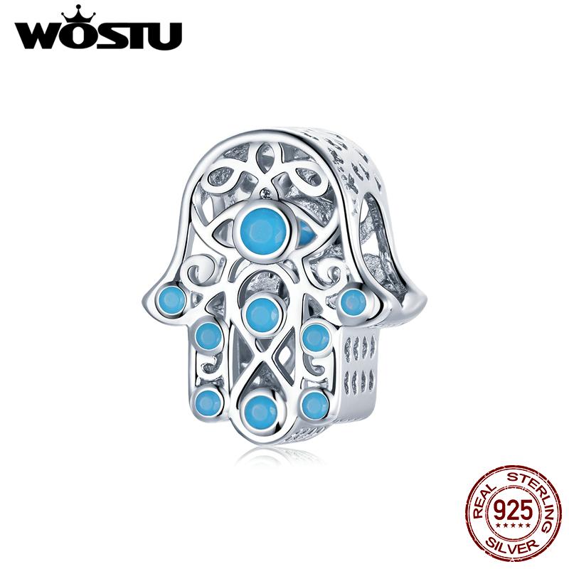 WOSTU Стерлингового серебра 925 пробы с платиновым покрытием, синие циркониевые бусины Lucky Hand Charm для оригинальных 3 мм браслетов и ожерелий, ювелирные изделия своими руками