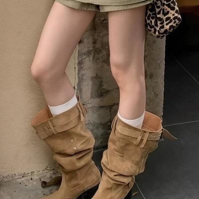 Модные тонкие сапоги женские 2025 с широким голенищем, облегающие, коричневые сапоги на меху