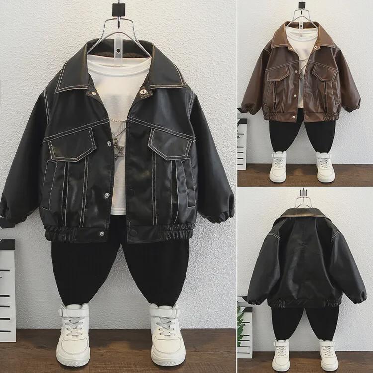 Kids' Stitch Leather Jacket - 2023 Korean Style Spring/Autumn Trendy Boys' Cool Jacket
