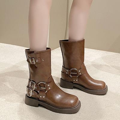2024 Модная женская обувь, женские сапоги без застежек, горячая распродажа, современные сапоги с пряжкой на ремне, женские новые сапоги до середины икры с металлическим украшением
