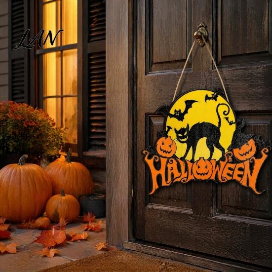 Vintage Dark Style Home Decor Halloween Wood Door Hanger Sign, Pumpkin And Black Cat Printed, with Hemp Rustic Rope Lanyard, Decorative Wall Pendant,