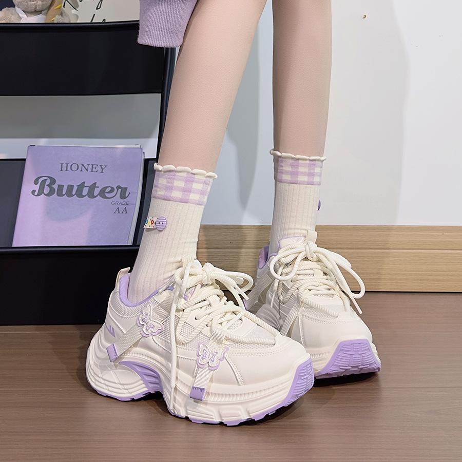 Женские кеды Huili 2025 Бело-синие с бабочкой Dad Sneakers - Модный тренд, Универсальные, Легкие, Дизайн на толстой подошве для студентов