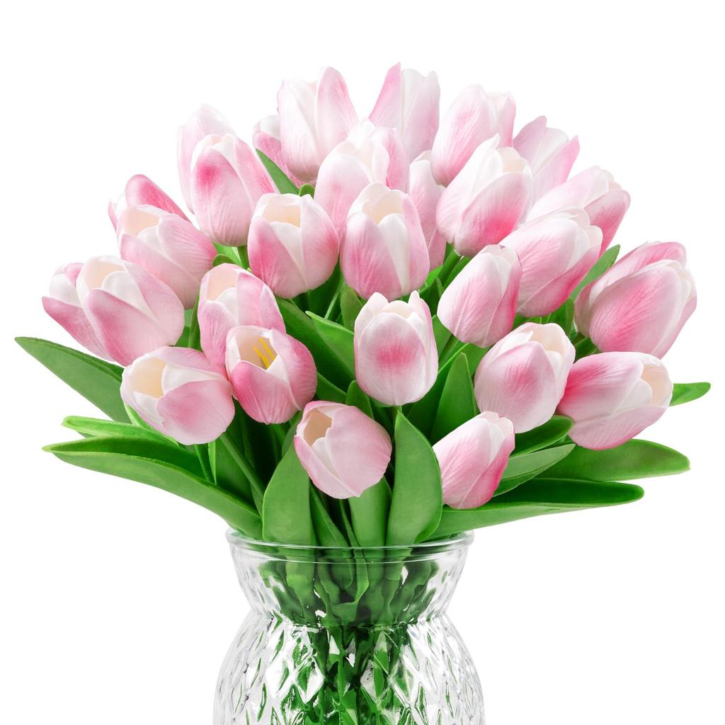 30Pcs Fake Tulips Artificial Flowers with Stems Faux Tulips Bouquet Real Touch Flower for Wedding Home Kitchen Spring Easter Mother's Day