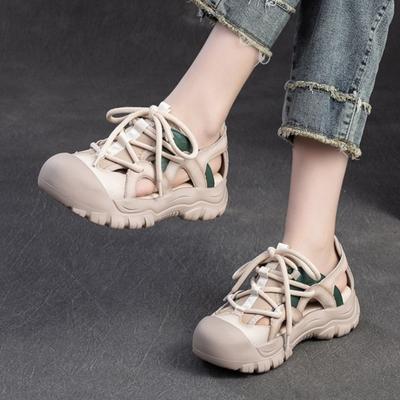 Цветные спортивные сандалии на толстой подошве, легкие женские туфли на шнуровке из натуральной кожи с круглым носком
