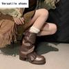 Women Western Cowgirl Booties Fashion Slip On Mid Calf Booties Retro Style Thick Heel Autumn Female Shoes