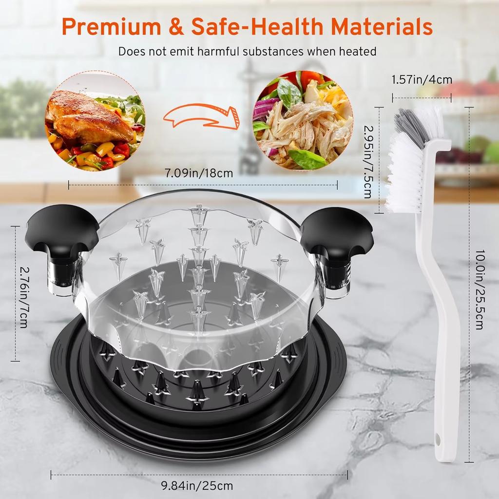 Upgrate Chicken Shredder Tool Twist with Transparent Lid Ergonomic Handle Anti-Slip Base Dishwasher Safe Cleaning Brush