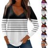 Womens Long Sleeve Tops V Neck Shirts Casual Stripe Print Basic Trendy Tee Blouses Fall Tunic Outfits Fitted T Shirts