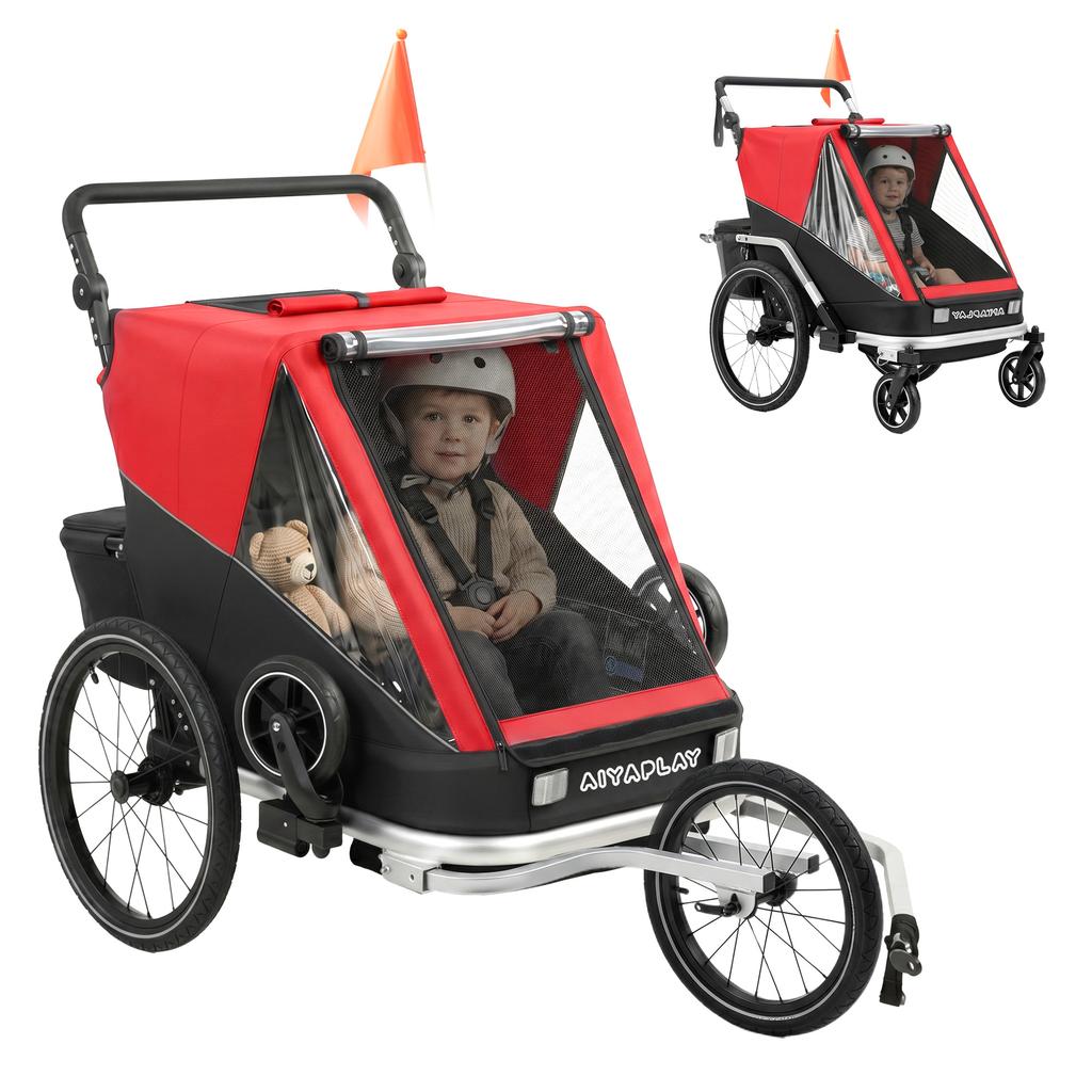 Bike Trailer for Kids, 2-Seater, 2-in-1 Foldable Kids' Bike Trailer with Adjustable Seat and Harness, Red