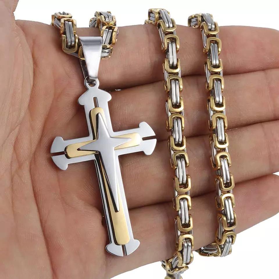 Men's Cross Necklace Gold Color Black Cross Pendant Stainless Steel Byzantine Chain Necklace Hip Hop Male Jewelry