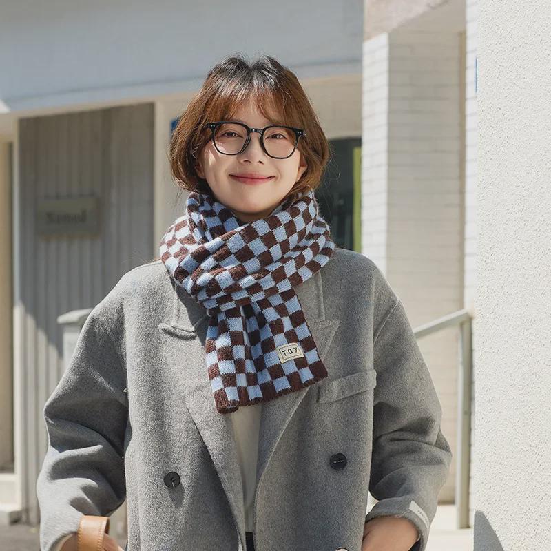 2024 Women's High-End Korean Blue Checkerboard Knit Scarf - Winter Warm Shawl