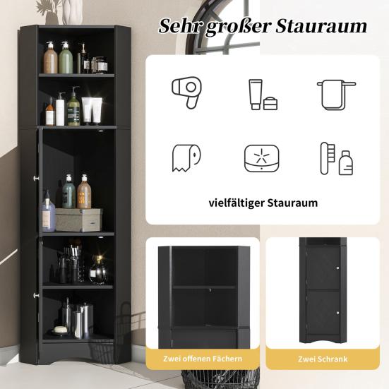 Corner Cabinet Bathroom with Two Compartments Adjustable Shelf Open Shelves Tall Triangular Shape Freestanding Storage