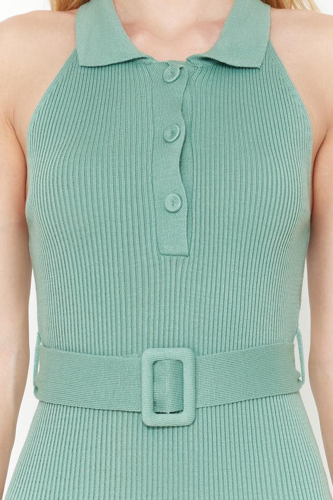 Women's Fashion New Dress Green Plain Belt Detailed