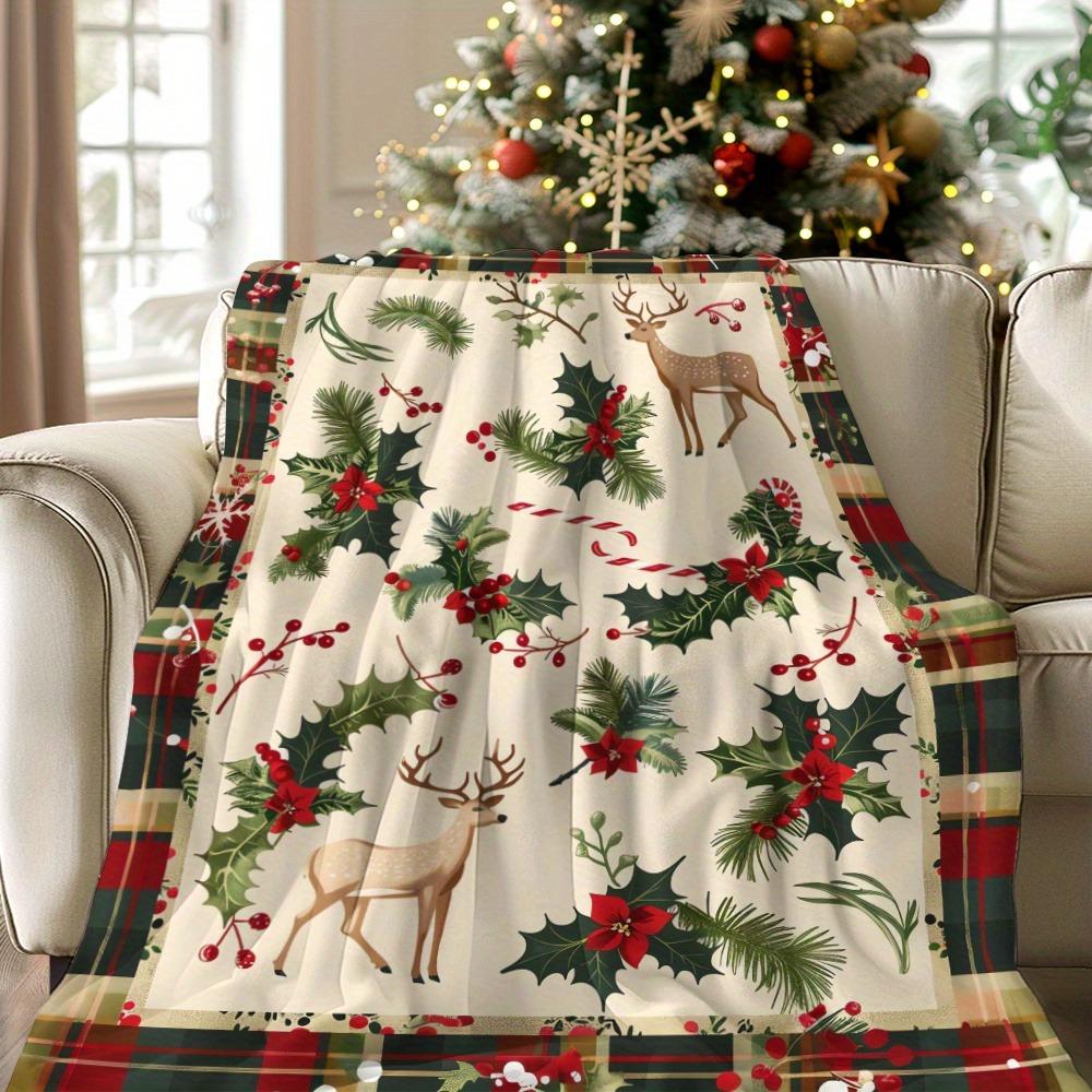 Уютное Рождественское одеяло с винтажным дизайном в клетку Буффало, с изображением остролиста и оленей. Мягкий фланелевый плед для сна, кемпинга, путешествий и в качестве подарка для дома.