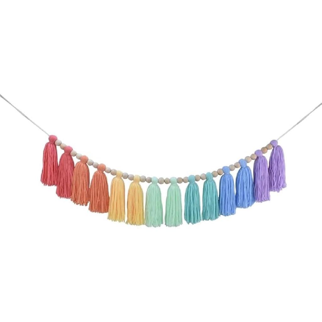 DrCor Pastel Rainbow Boho Tassel Garland – Handmade Colorful Yarn Banner for Nursery, Kids Bedroom, Baby Shower, Birthday Party Backdrop, Dorm,