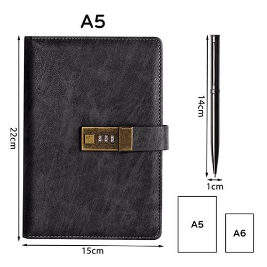 WEMATE A5 Locking Diary Black PU Leather 240 Pages 15 x 22cm, 3 Digit Combination Lock Notebook with Pen and Gift Box